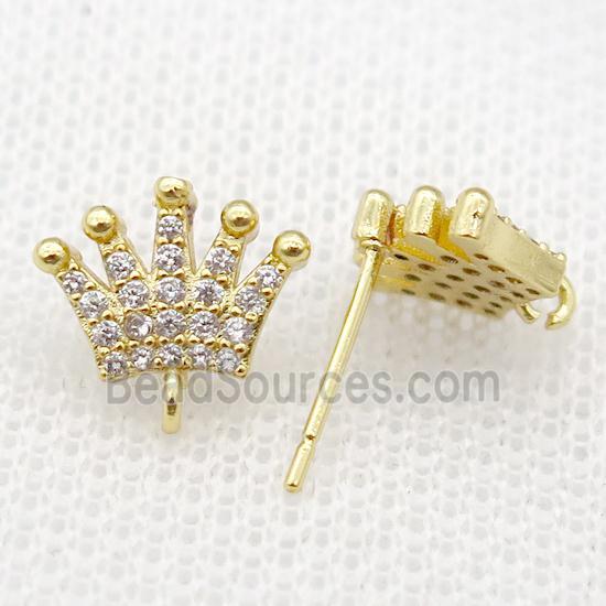 copper crown Studs Earrings paved zircon, gold plated