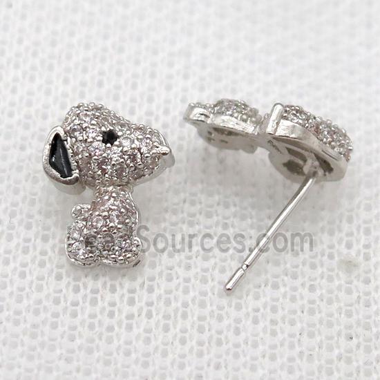 copper Studs Earrings paved zircon, dog, platinum plated