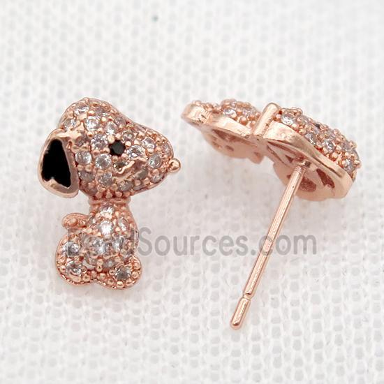 copper Studs Earrings paved zircon, dog, rose gold