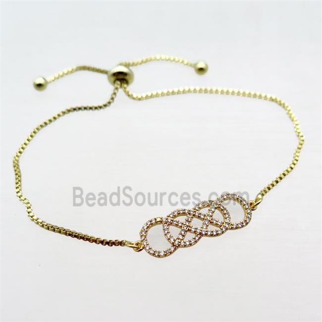 copper bracelet paved zircon, infinity, gold plated, Adjustable