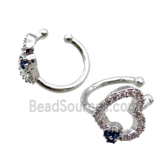 copper Clip Earrings paved zircon, heart, platinum plated