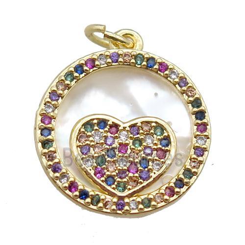 copper circle heart pendant paved zircon, gold plated, shell backing