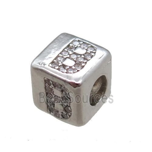 copper cube letter-B beads pave zircon, platinum plated