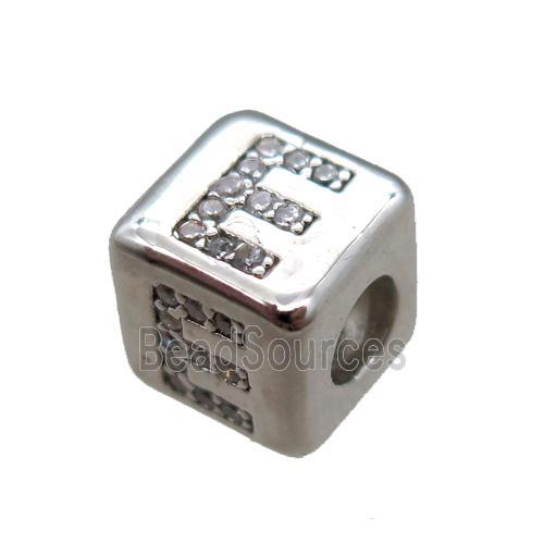 copper cube letter-E beads pave zircon, platinum plated