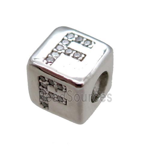 copper cube letter-F beads pave zircon, platinum plated