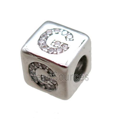 copper cube letter-G beads pave zircon, platinum plated