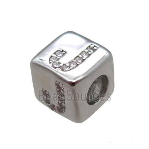 copper cube letter-J beads pave zircon, platinum plated