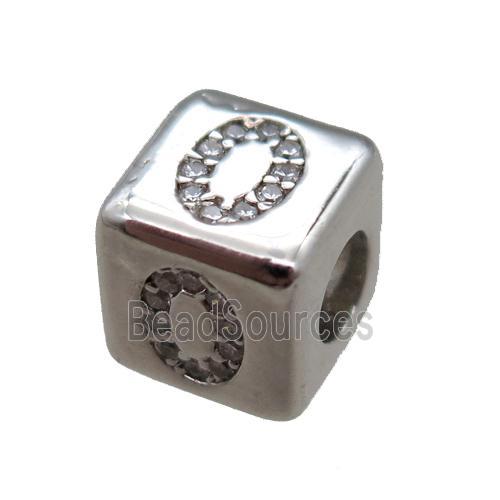 copper cube letter-O beads pave zircon, platinum plated