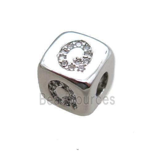 copper cube letter-Q beads pave zircon, platinum plated