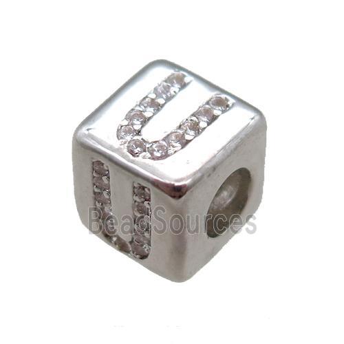 copper cube letter-U beads pave zircon, platinum plated