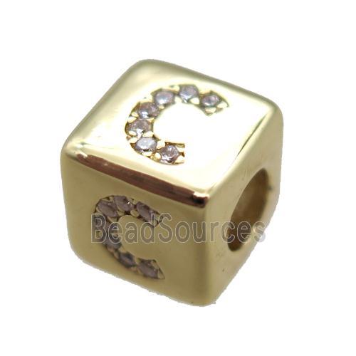 copper cube letter-C beads pave zircon, gold plated