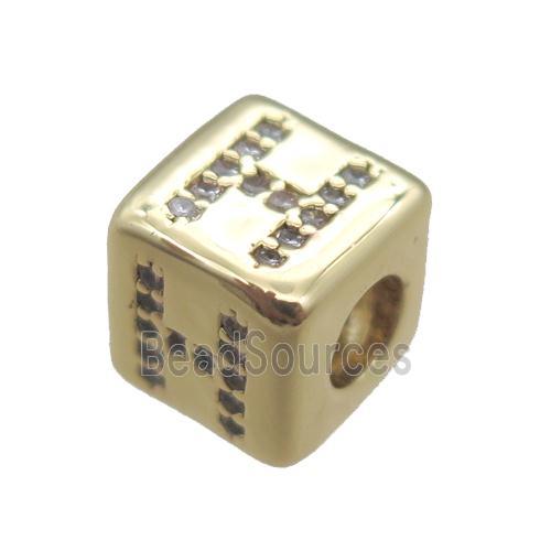 copper cube letter-H beads pave zircon, gold plated