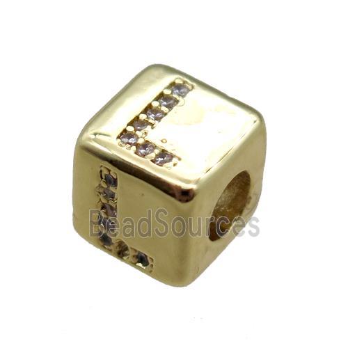 copper cube letter-L beads pave zircon, gold plated