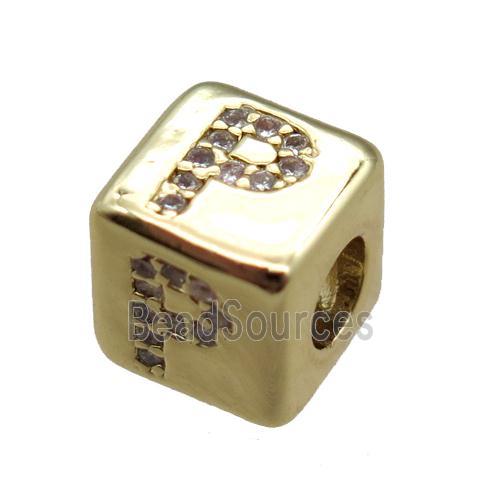 copper cube letter-P beads pave zircon, gold plated