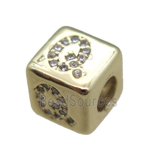 copper cube letter-Q beads pave zircon, gold plated