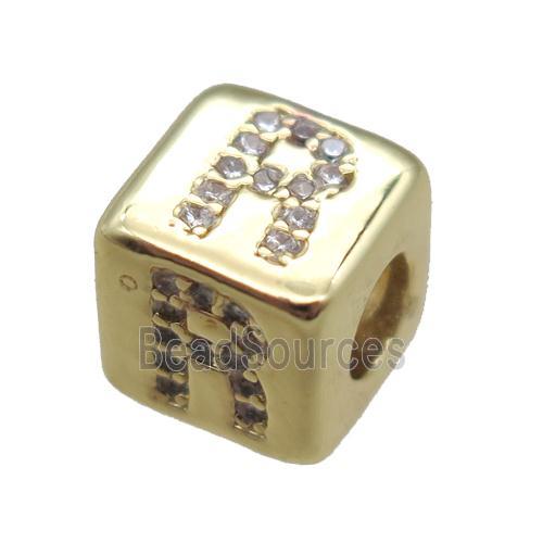 copper cube letter-R beads pave zircon, gold plated