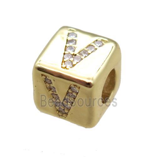 copper cube letter-V beads pave zircon, gold plated