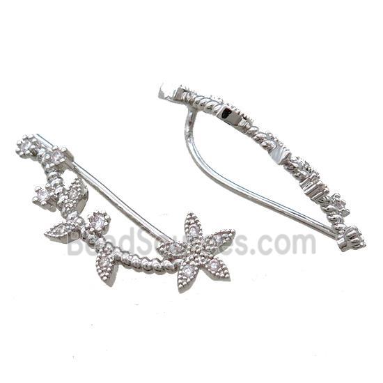 copper hook Earring paved zircon, flower, platinum plated