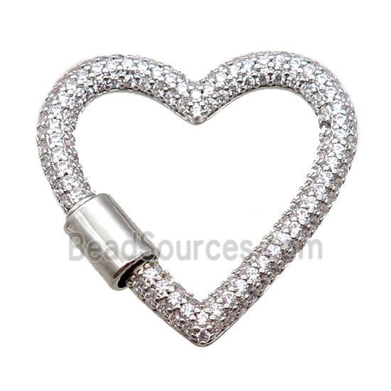 copper heart carabiner lock pendant paved zircon, screw, platinum plated