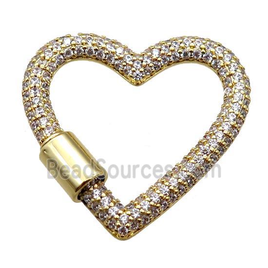 copper heart carabiner lock pendant paved zircon, screw, gold plated