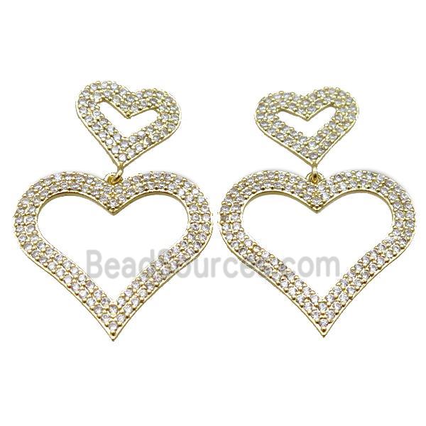 copper stud Earrings pave zircon, heart, gold plated