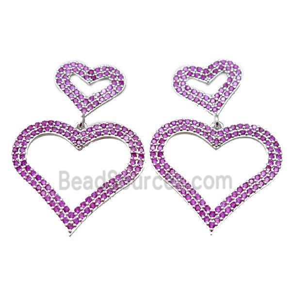 copper stud Earrings pave zircon, heart, platinum plated