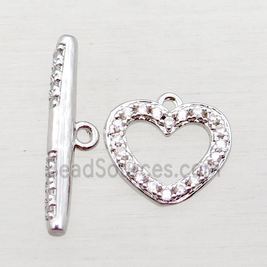 copper toggle clasp paved zircon, heart, platinum plated