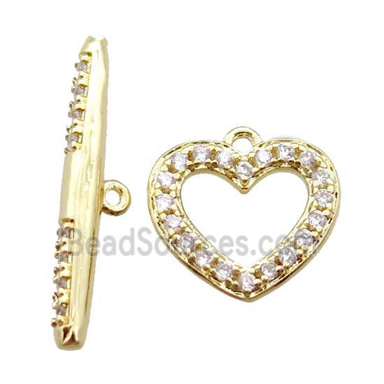 copper toggle clasp paved zircon, heart, gold plated