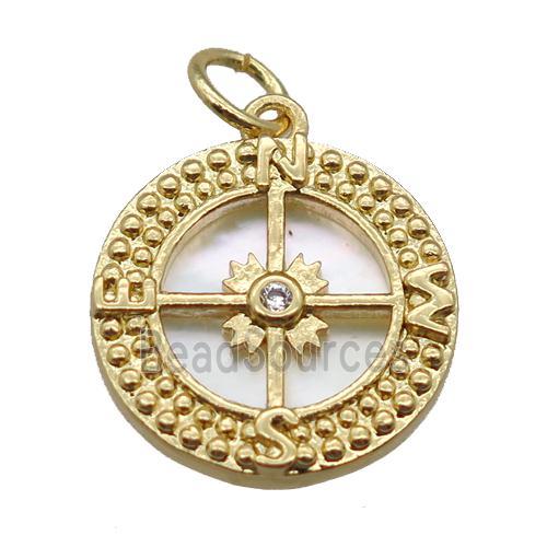 copper circle pendant paved zircon, shell backing, gold plated