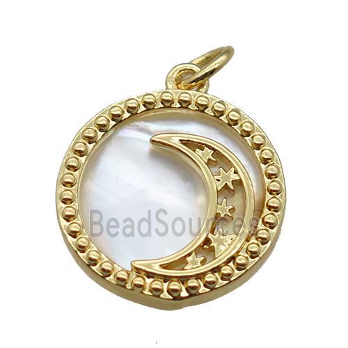 copper circle pendant with moon, shell backing, gold plated