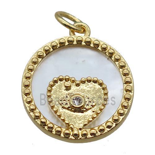 copper circle pendant paved zircon, heart, shell backing, gold plated