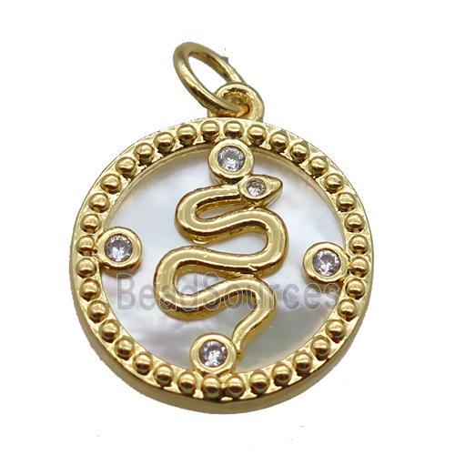 copper circle pendant paved zircon, snake, shell backing, gold plated