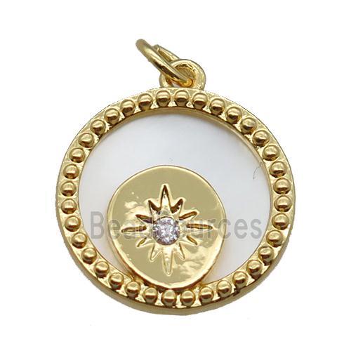 copper circle pendant paved zircon, northstar, shell backing, gold plated