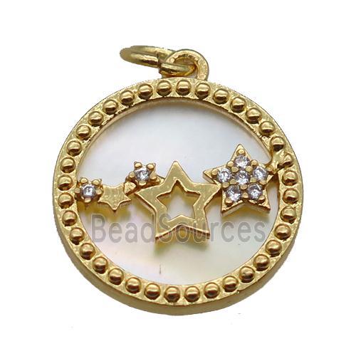 copper circle pendant paved zircon, star, shell backing, gold plated