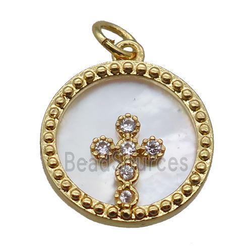 copper circle pendant paved zircon, cross, shell backing, gold plated