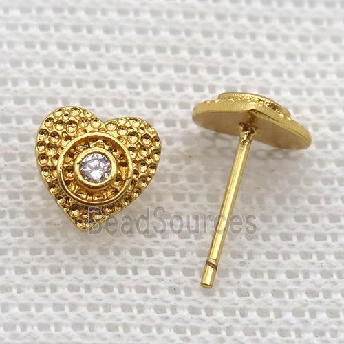 copper stud Earrings pave zircon, heart, gold plated