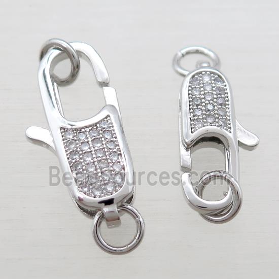 copper clasp pave zircon, platinum plated