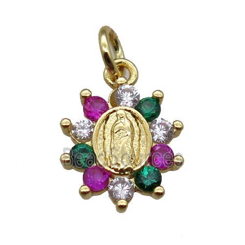 copper flower pendant paved zircon with Virgin Mary, gold plated