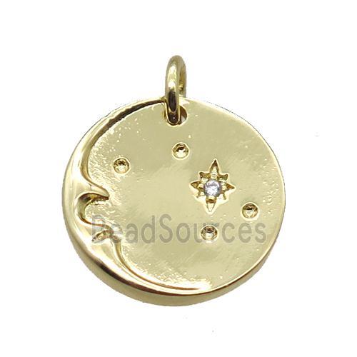 copper circle moon pendant paved zircon with star, gold plated