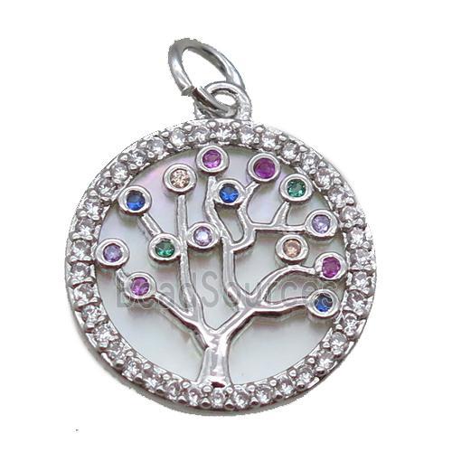 copper circle pendant paved zircon, tree of life, shell backing, platinum plated