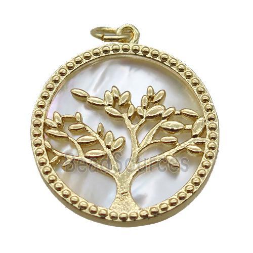 copper circle pendant, tree of life, shell backing, gold plated