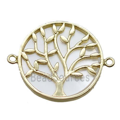 copper circle connector, tree of life, shell backing, gold plated