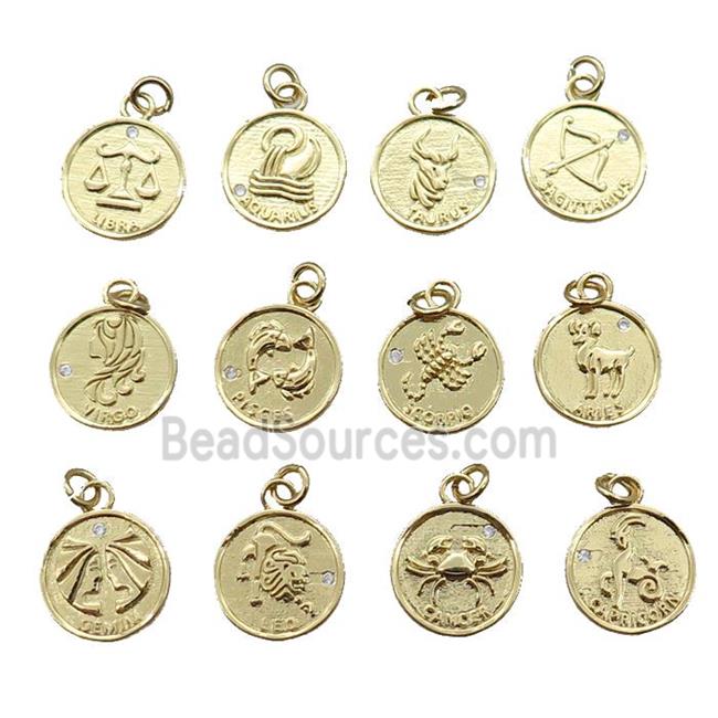 copper circle pendant with mix Zodiac, gold plated