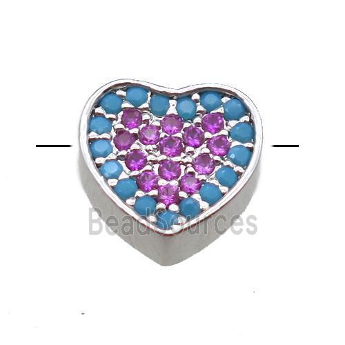 copper heart beads paved zircon, platinum plated