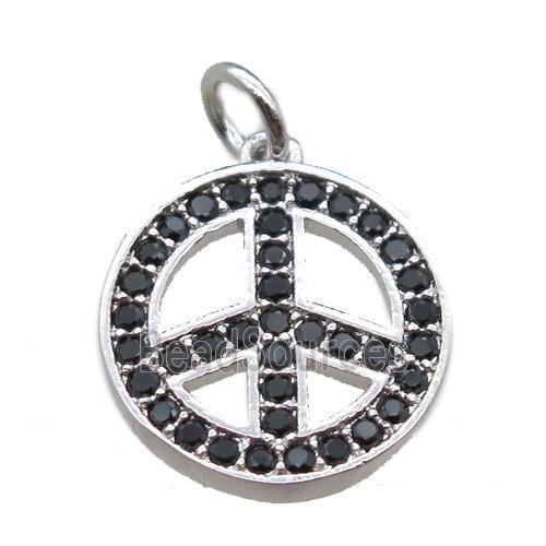 copper peace sign pendant paved zircon, platinum plated