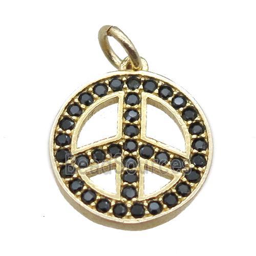 copper peace sign pendant paved zircon, gold plated