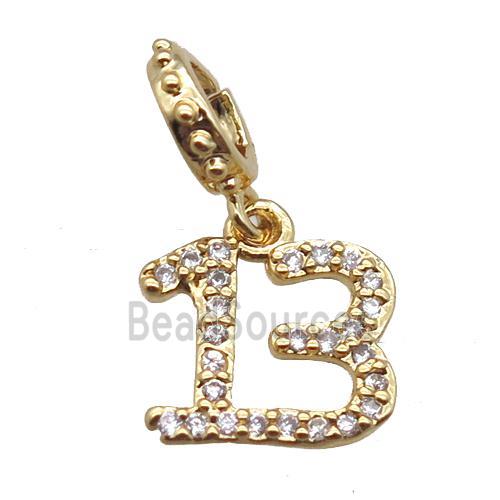 copper number13 pendant paved zircon, gold plated