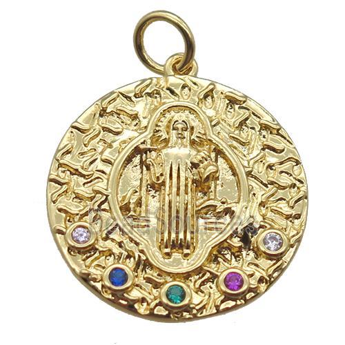 copper circle pendant paved zircon with Jesus, gold plated