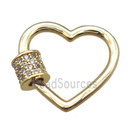 copper heart carabiner lock pendant paved zircon, gold plated