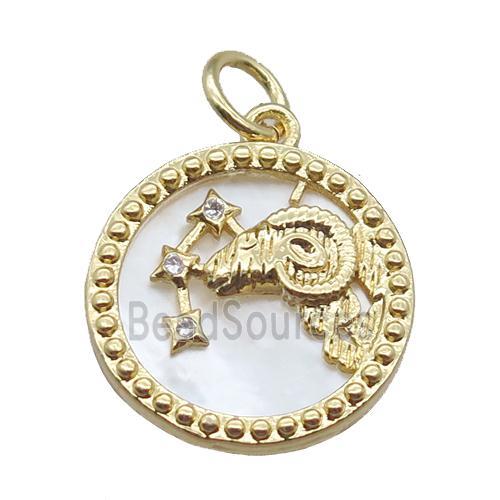 copper circle pendant paved zircon, Zodiac Aries, shell backing, gold plated